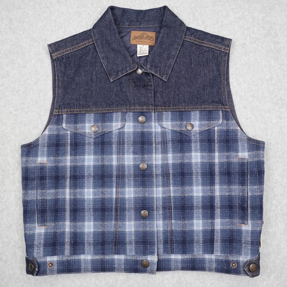 Pendleton Jacket Womens Medium Blue Denim Plaid Wool Vintage Ladies Vest Hiking